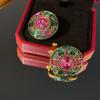 Retro Green Crystal Necklace Pink And Green Fashion Pendant Round Stud Earrings  Wedding Party