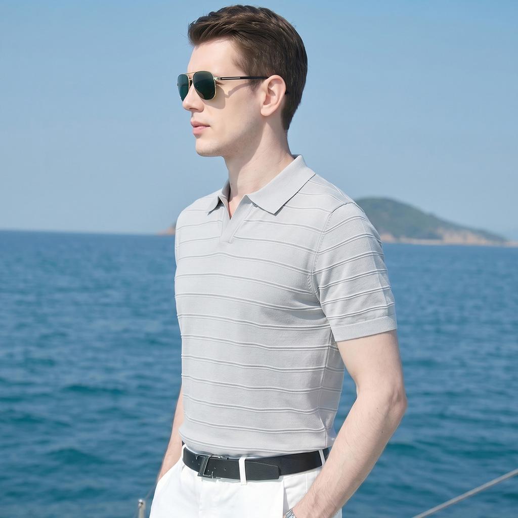 Old Money Style Series Linen Long staple Cotton Knitted T-shirt Men's Short Sleeve Seagull Collar Stripe Contrast POLO