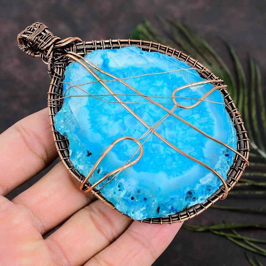 Aqua Solar Druzy Handmade Copper Wire Wrap Jewelry Pendant 4.33 Z7f89