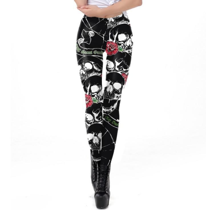 Women s High Waist Skull Rose 3D Print Leggings - Slimming Elastic Halloween Style XXL