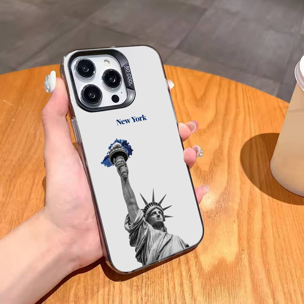 Statue L-Liberty America USA Flag Phone Case For iPhone17,16,15,14,13,12,11,Pro,MAX White Matte Shockproof Cover iPhone17