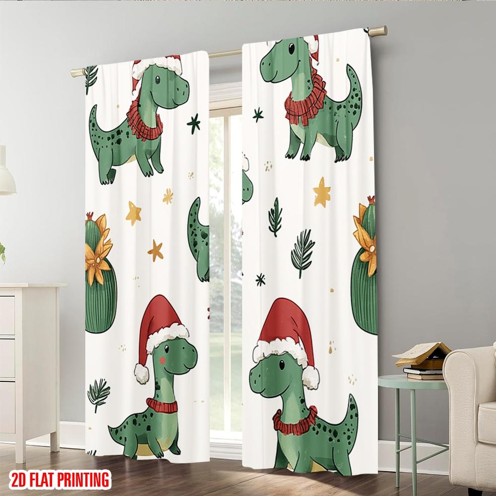 Set Of 2 Plane Printing Popular Curtains Cute Christmas Dinosaurs Reindeer Versatile Polyester Fabric Without Rod Outdoor Made