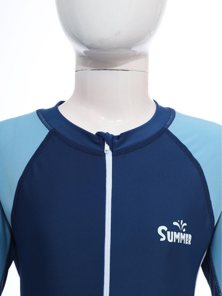 Dzieci Chłopcy Pełny Kombinezon Rash Guard Długi Rękaw Color Block Patchwork Zamek Błyskawiczny z Przodu UPF 50+ Strój Kąpielowy do Surfingu Basenu