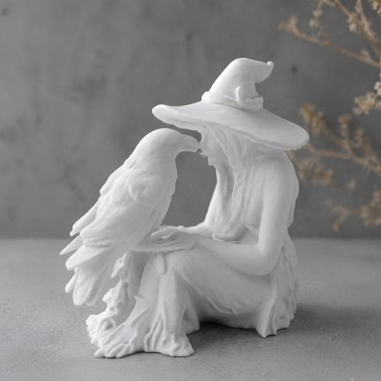 Vintage Style Witch Statue 3D Printed Statue, Gothic And Raven Sculpture, Indoor Outdoor Halloween Mystical Figurine for Home Desktop Shelf