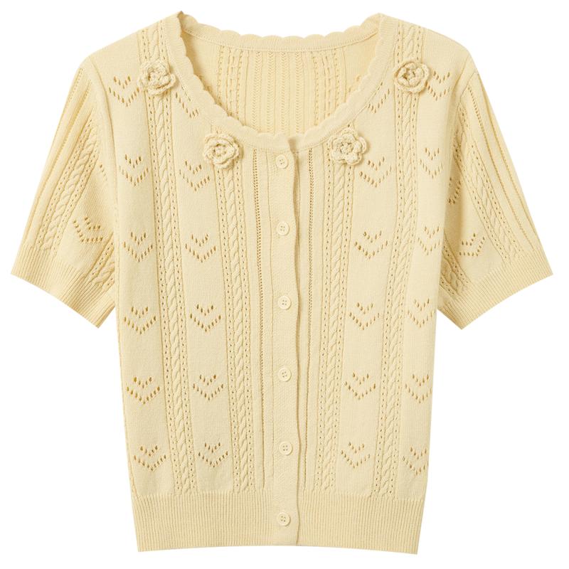 Sancai Women's Round Neck Short Sleeve Knit Cardigan