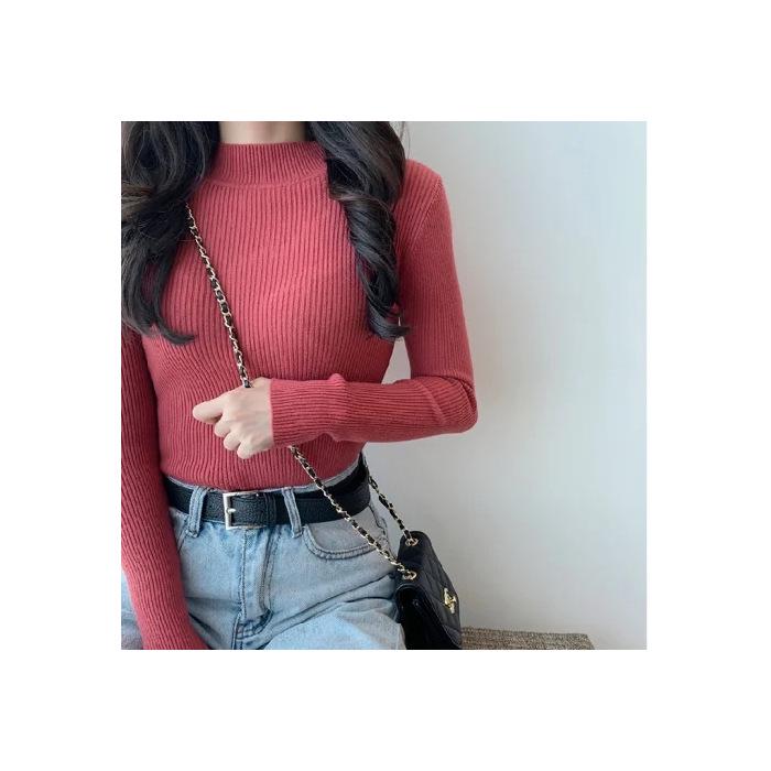 Women's 2026 Autumn Slim Fit Black Knit Long-Sleeve Half-High Neck Sweater