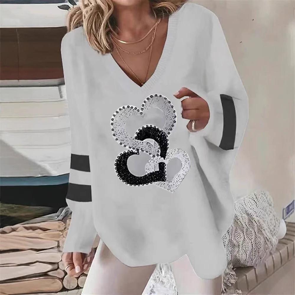 2023 Women's V-Neck Geometric Heart Sweatshirt: Casual Autumn/Winter Long-Sleeved Loose Fit