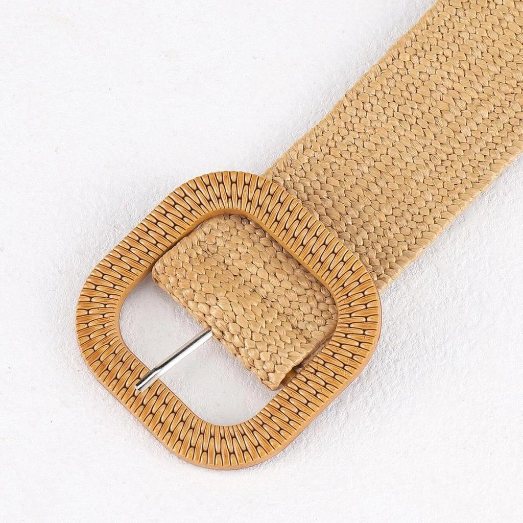 Square Buckle Straw Braid Waist Belt: Natural Pastoral Style, Popular In Europe and America