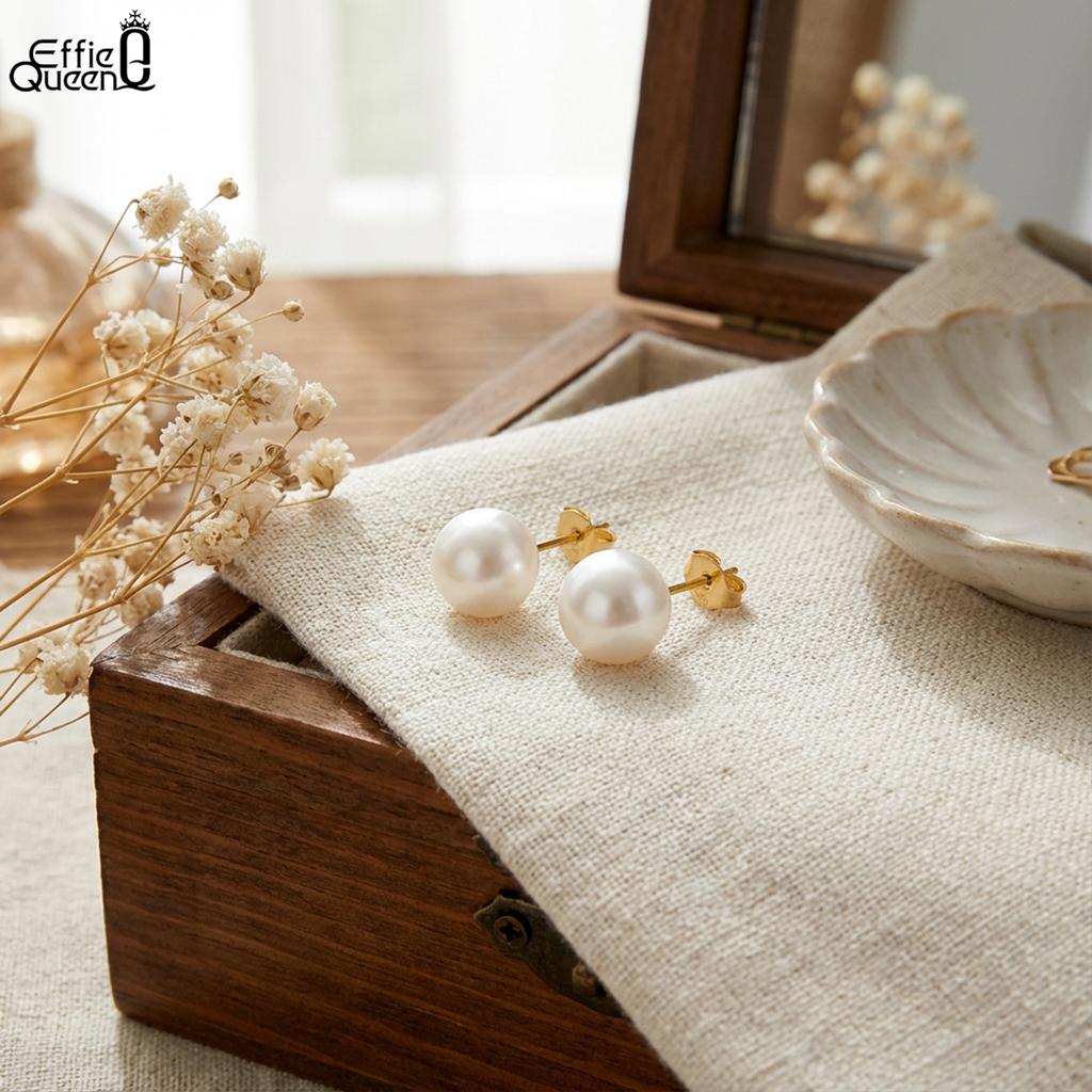 Effie Queen 925 Reinsilber 14 Karat Gold Runde Perlen-Steckohrringe Natürlicher Schmuck für Damen Ohr Hochzeitsparty Bankett Geschenk GPE104