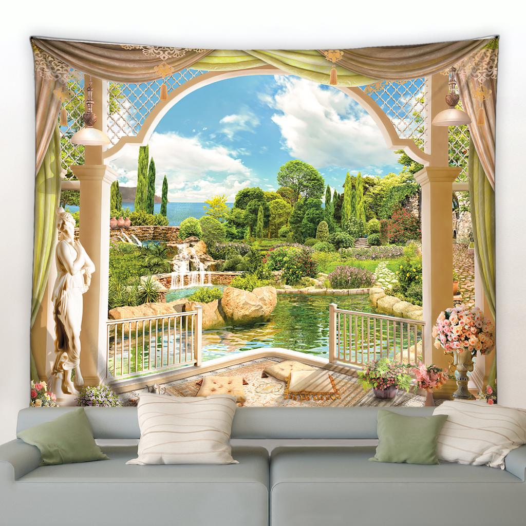 Schloss Boho Druck Schlafzimmer Raumdekoration Decke Bogenförmiges Steintor Turm Großer Wandteppich Wandbehang