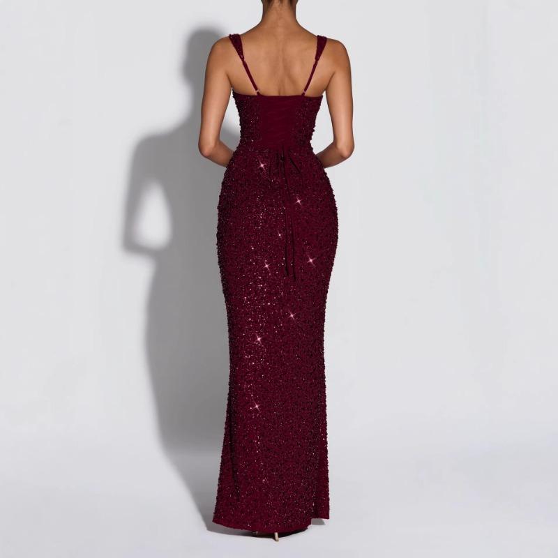 Women Sexy Sequin Slim Fit Spaghetti Strap Long Elegant Formal Party Dress