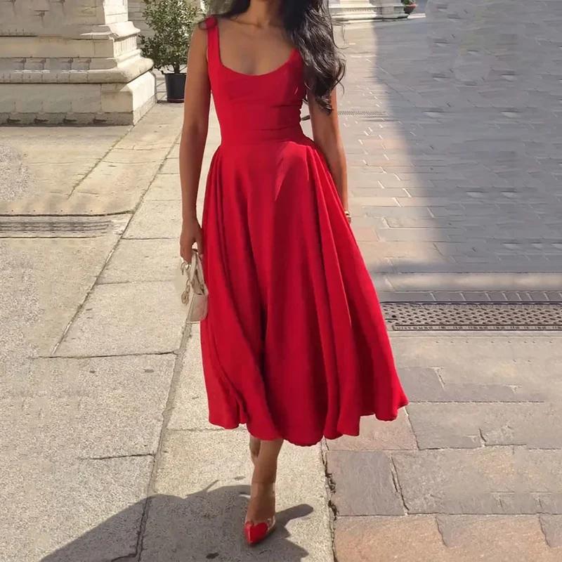 Dámské maxi šaty Módní Letní Bez rukávů Ramínka Kulatý výstřih Odhalená záda Stahovaný pas Jednobarevné Dlouhé šaty Streetwear