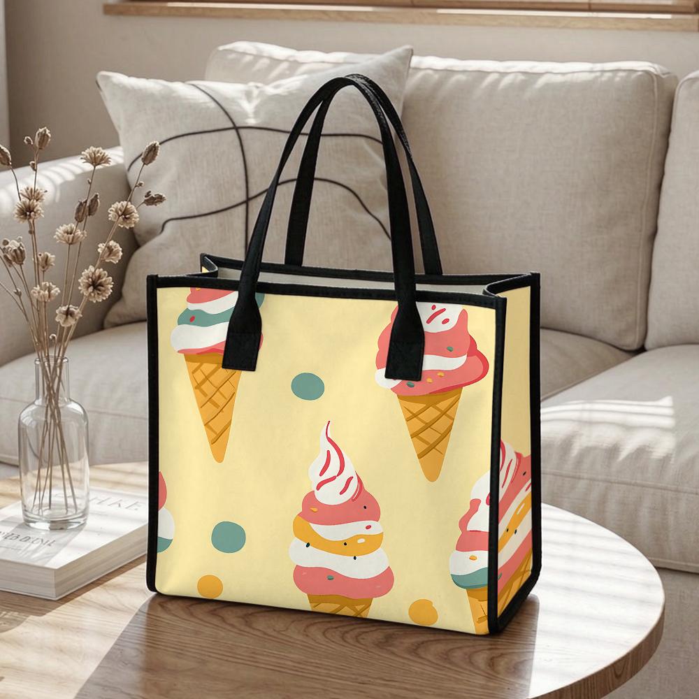 Cute Ice Cream Pattern Tote Bag Casual Large Capacity Shoulder Handbag for Daily Shopping Travel