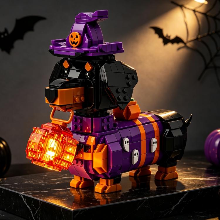 Halloween Dachshund Building Block Set Witch Dog with Lantern Brick Model DIY Spooky Decor Gift for Home Office