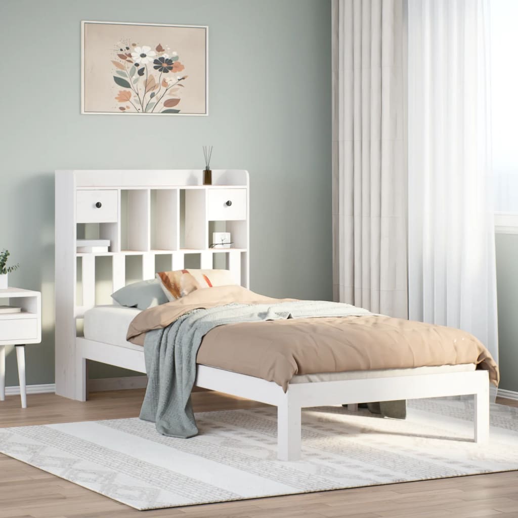 Solid Wood Bed with Shelf Without Mattress White 90x200 cm Pine