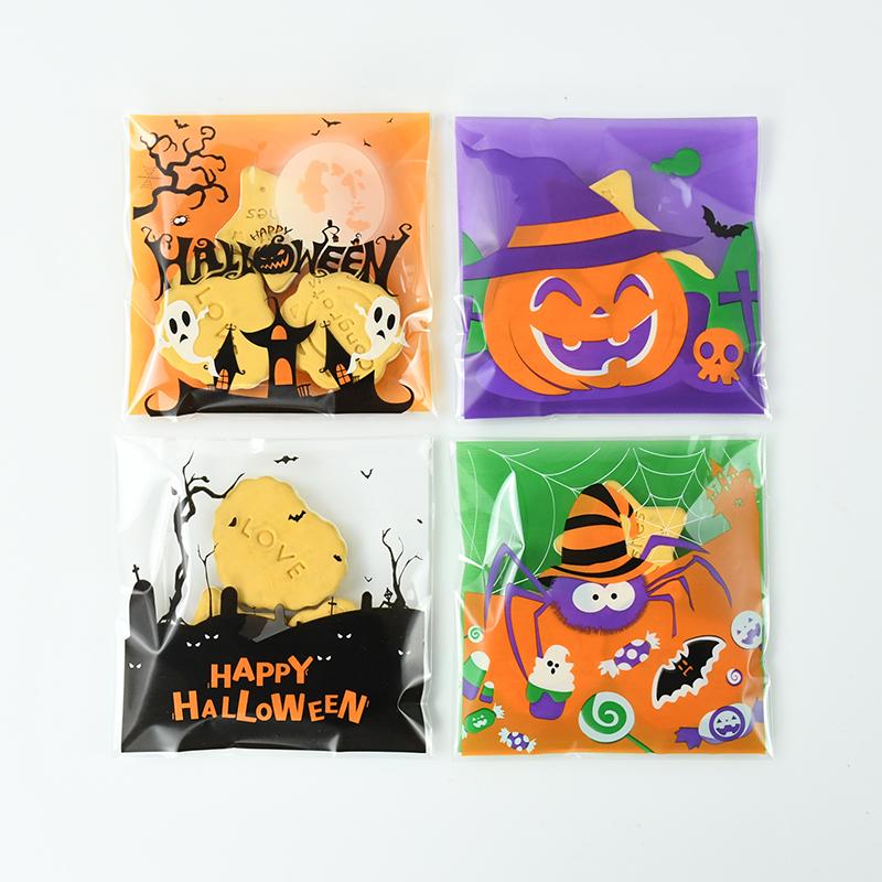 100pcs Halloween Plastic Happy Halloween Transparent Pumpkin Ghost Candy Self-adhesive Plastic Baking Cookie