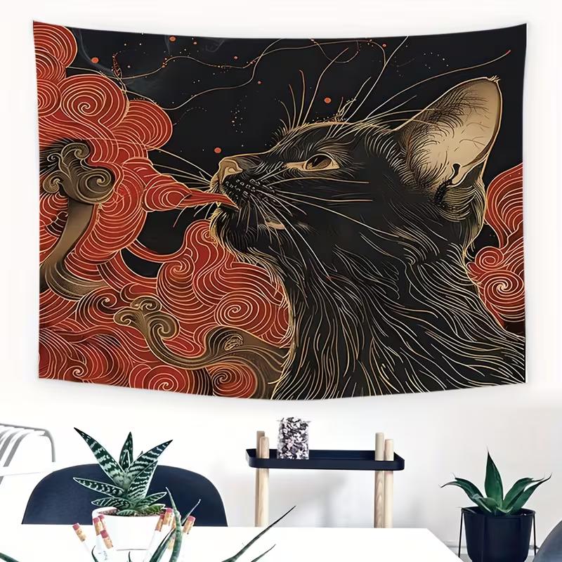 2D Mystische Schwarze Katze Wandteppich, Japanische Ästhetik Rote Wolken Wandkunst für Zuhause