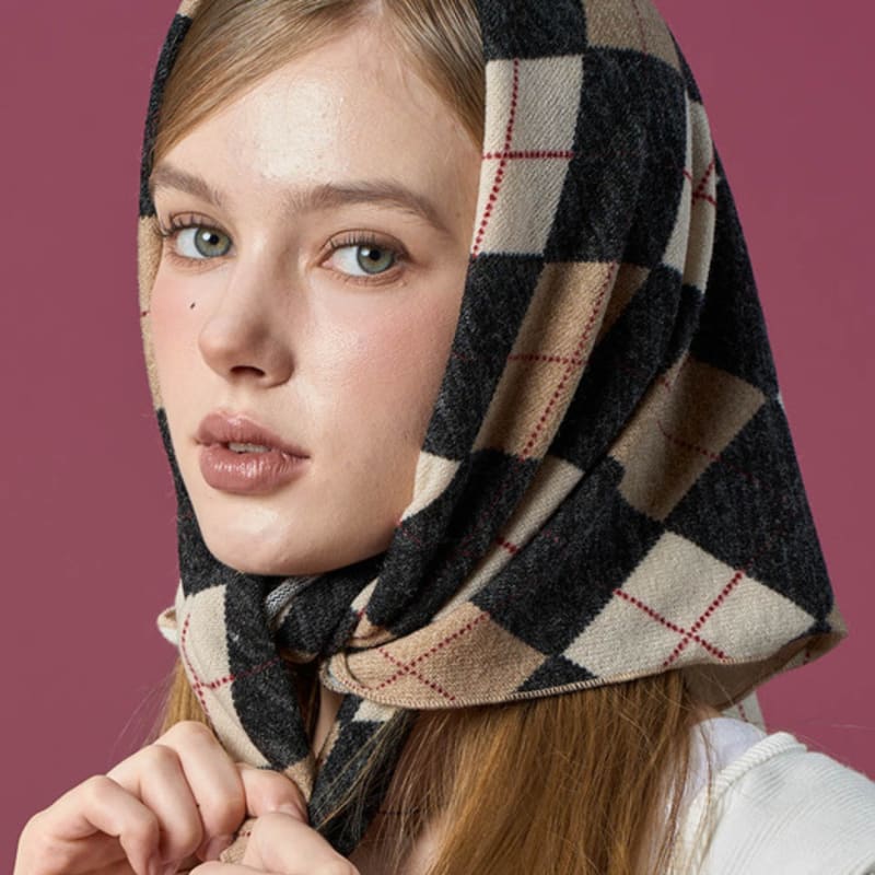 KOLEAT Argyle Strick UV-Schutz Bandana Haar Schal Taschentuch [Schwarz_beige] Herbst/Winter Version