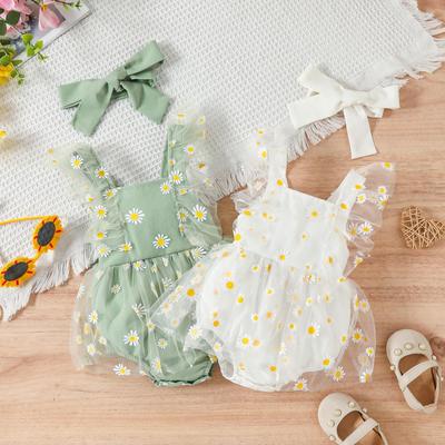Baby Girl 2Pcs Summer Outfits, Ruffle Sleeve Daisy Print Romper Mesh Dress with Headband Set