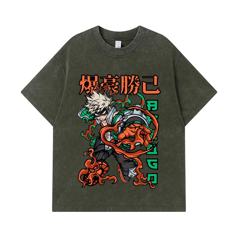 275 GSM Washed T-shirts 100% Cotton My Hero Academia V14 Bakugo Print Unisex Heavy Cotton T Shirt