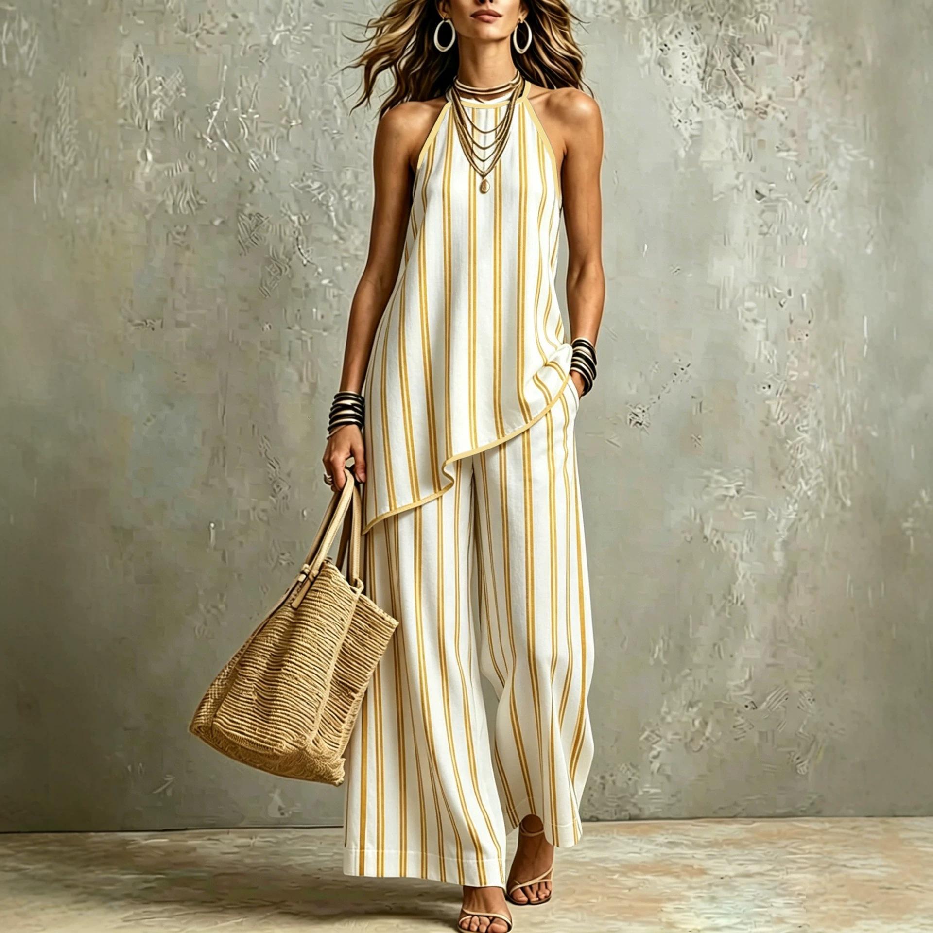 2026 cross-border European beautiful women summer new striped sleeveless asymmetrical hem top drape casual pants two-piece set S жёлтый
