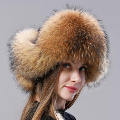 Nadýchaná letecká čepice z přírodní liščí kožešiny s ušima Ushanka Dámské Zimní Teplé Nadýchané Stylové Dámské Tail Cap Móda Čepice z pravé kožešiny