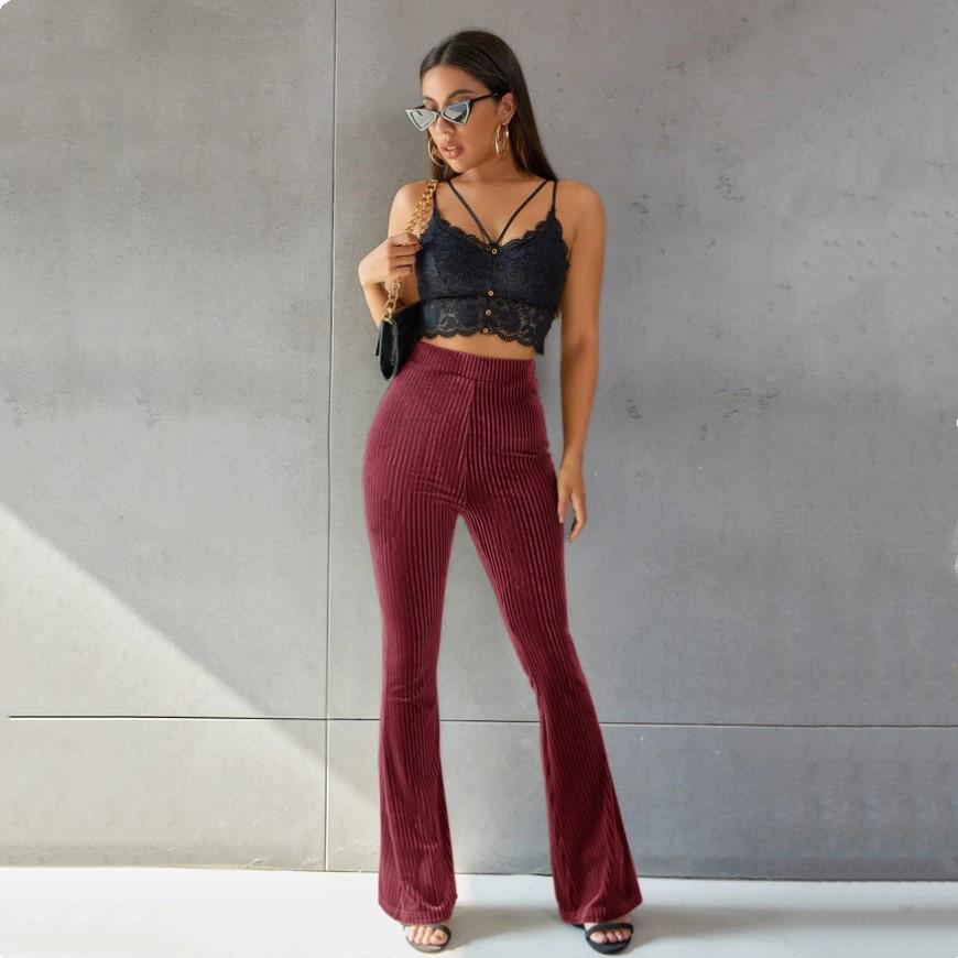 Women's Fashion Sexy High Waist Gold Velvet Ribbed Flared Pants