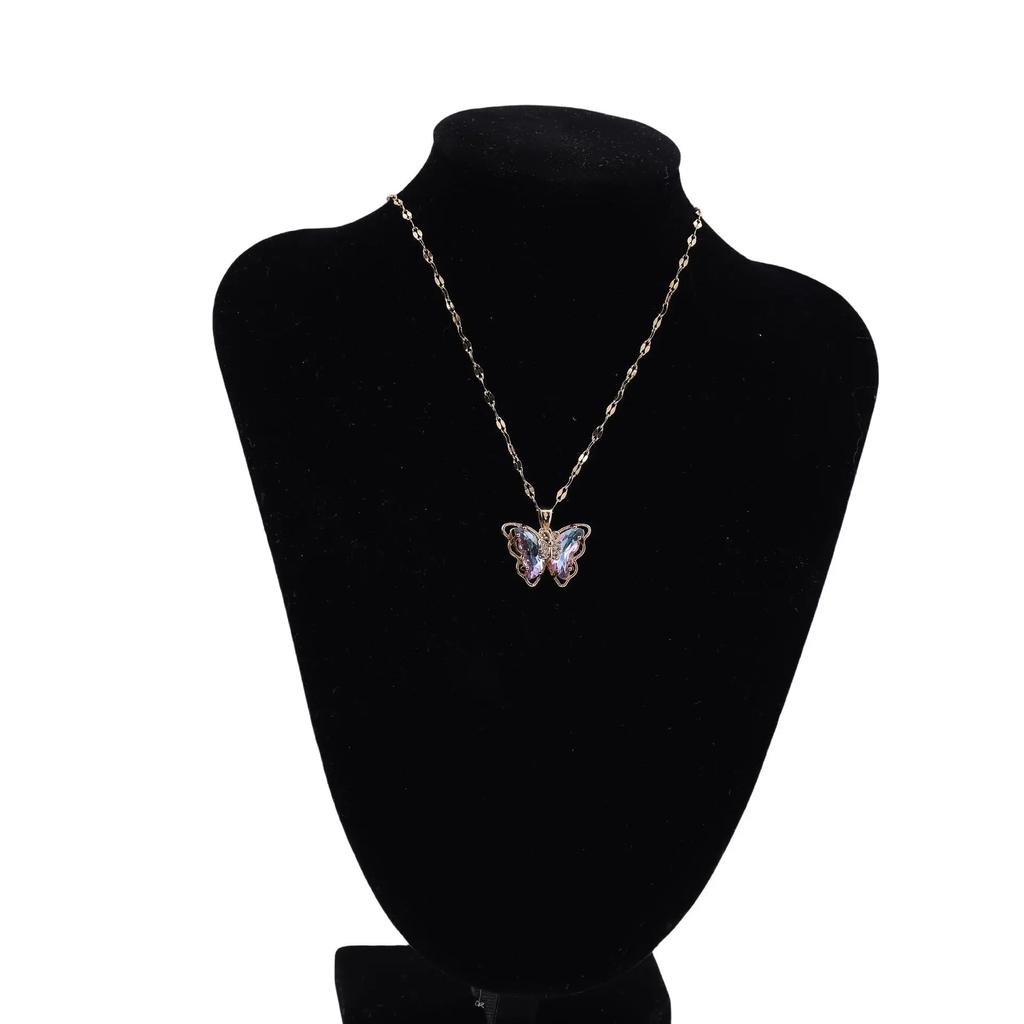 Colorful Zircon Butterfly Pendant Necklaces for Women Girls Stainless Steel Trendy Romantic Jewelry Accessories Gifts