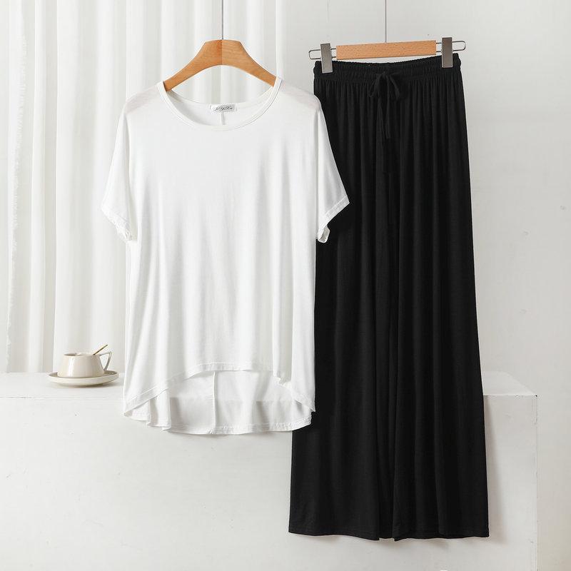 Damen Übergröße Freizeit-Pyjama-Set: Modal Rundhals Kurzarm Oberteil & Weitbeinige Hose