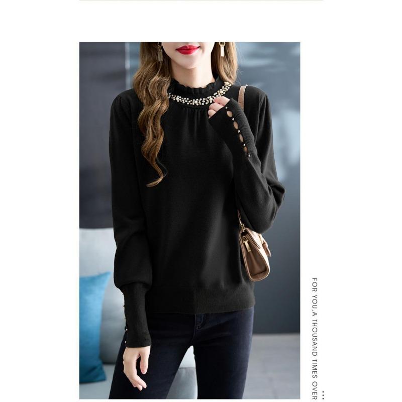 Дизайнерский бисерный темпераментный свитер с полувысоким воротником для женщин весна и осень новый кружевной воротник вязаная базовая рубашка onesize