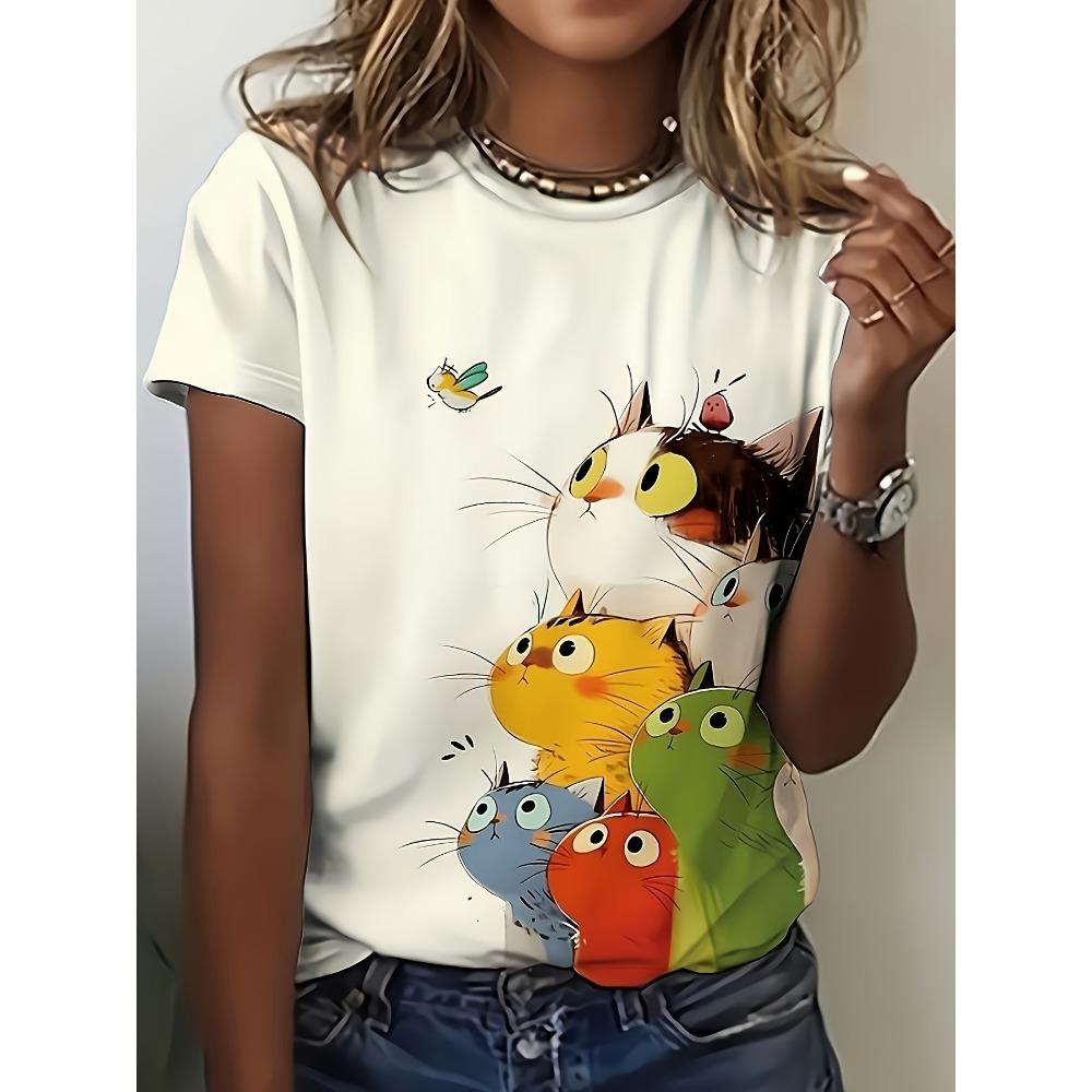 Colorful Stacked Cat Women s T-shirt - Cute Cartoon Cat Pattern 2XS