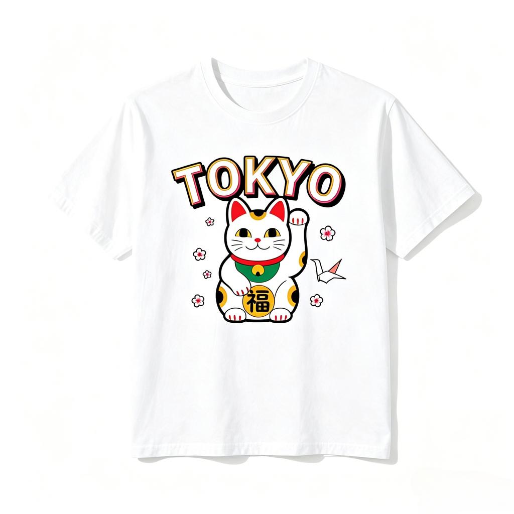 Oversize Unisex Tshirt Vintage Tokyo Unisexeki Neko Print Soft Cotton Short Sleeve Daily Wear Casual Male Tees