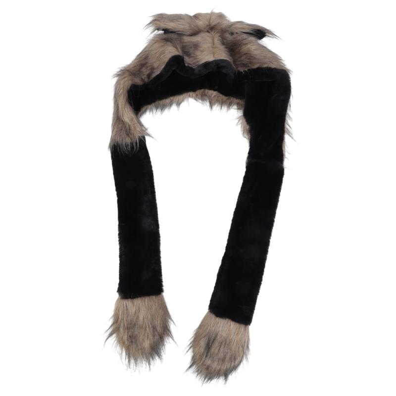 Furry Neck Scarf Hat with Animal Ear Winter Outdoor Sport Shawl Hat Anime Costume Earmuff Hat for Skiing Cold Weather
