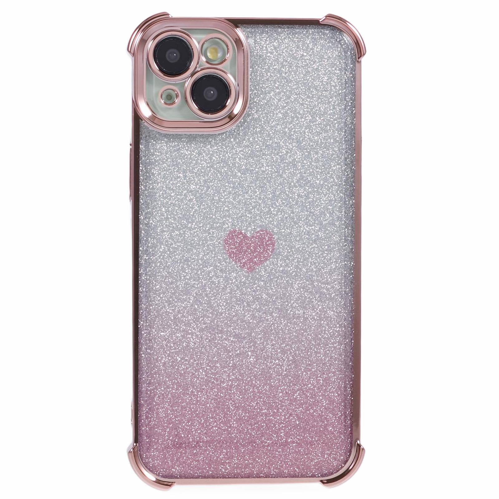 

For iPhone 13 Anti-Scratch Phone Case Heart Pattern TPU Glittery Powder Phone Cover Pink