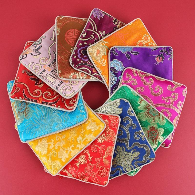 Traditional Chinese Brocade Square Pouch Embroidery Pattern Tassel Zipper Waterproof for Jewelry Cosmetic Home Travel Use