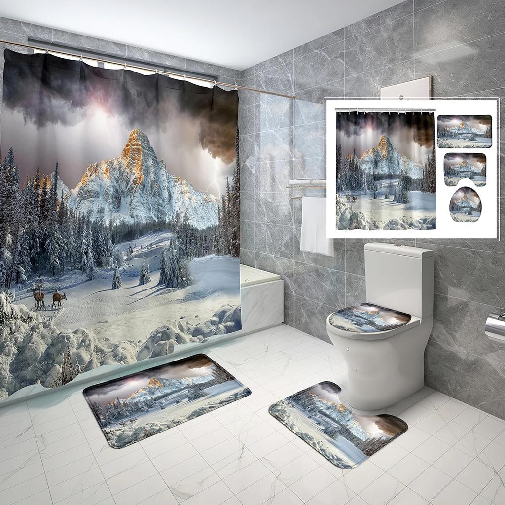 Schneeberg Duschvorhang-Set Schöne Naturlandschaft Duschvorhang Rutschfeste Badematte Toilettendeckelbezug Für Badezimmerdekoration