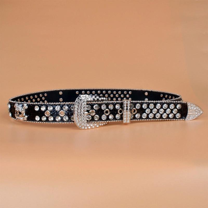 Steampunk Rhinestone Belt Women Waist Belt Western Cowgirl Skull Studded PU Leather Belt for Teenager Girl Female Male