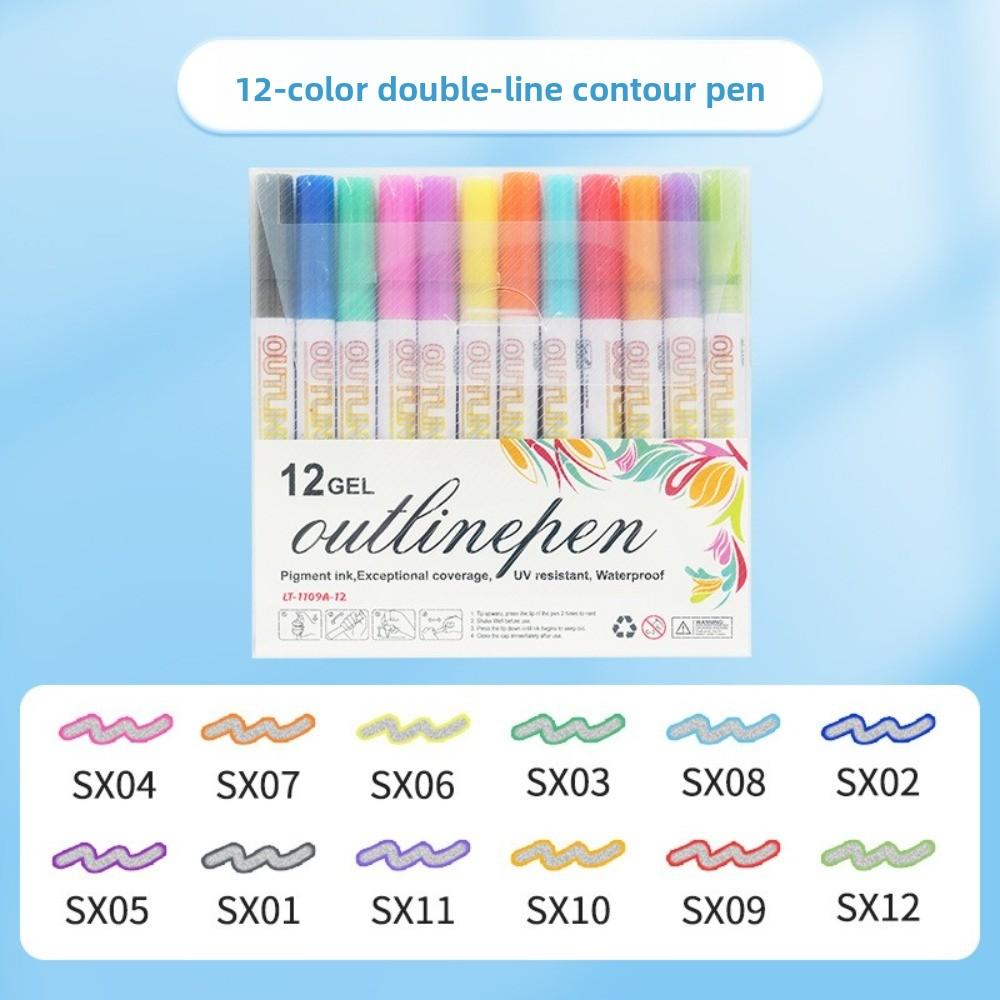 Multicolour Marker Pen Double Line Metallic Paint Marker New Outline Marker Set  for Girls Teens