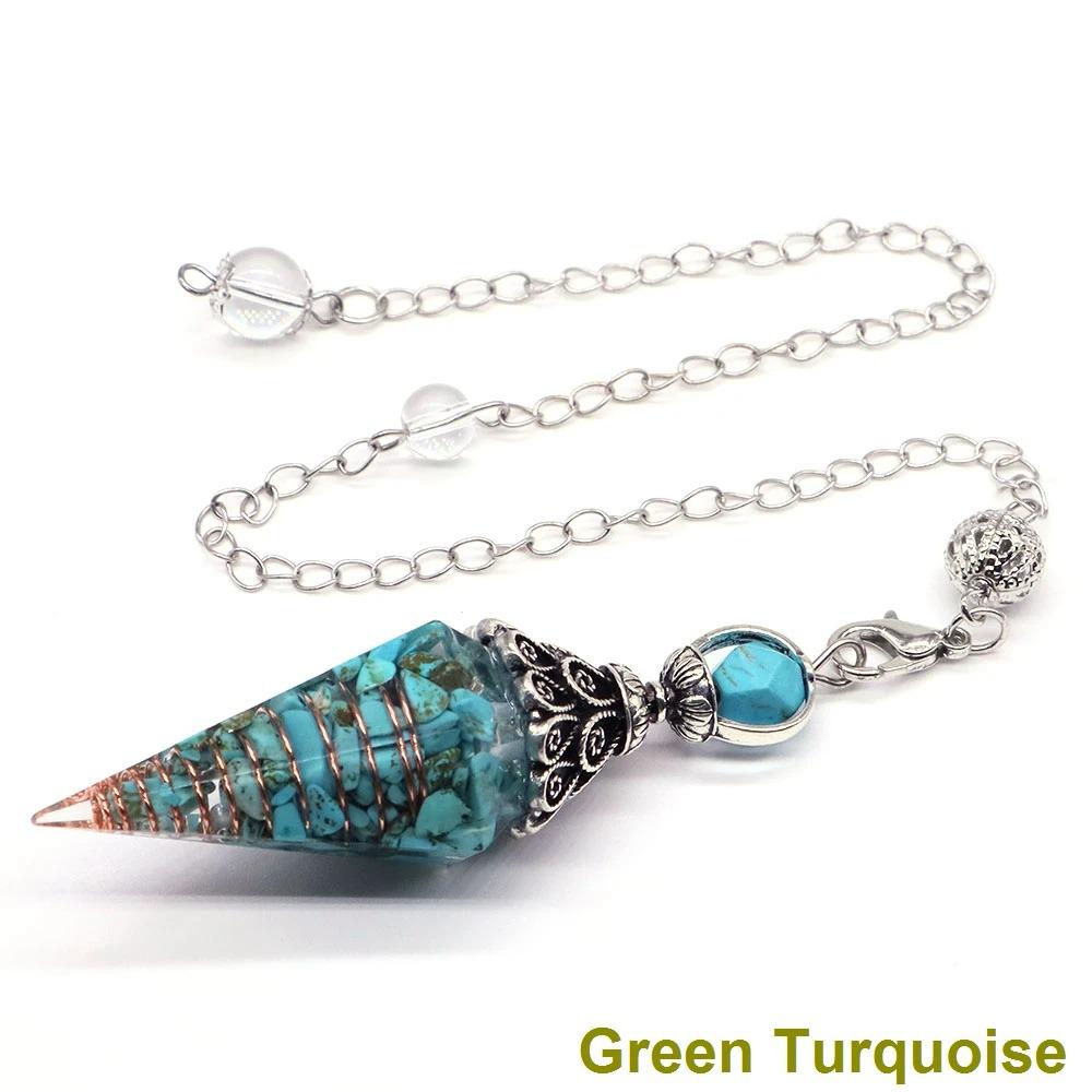 Antique Silver Seven Chakra Crystal Pendulum with Semi-Precious Chips and Resin Hexagonal Cone Pendant