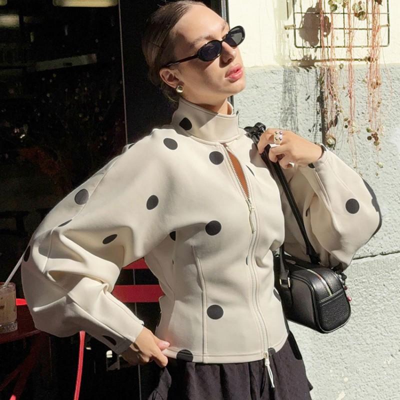 Womens High Neck Polka Dot Zip-Up Blazer Coat Loose Fit Office Chic Winter Outwear