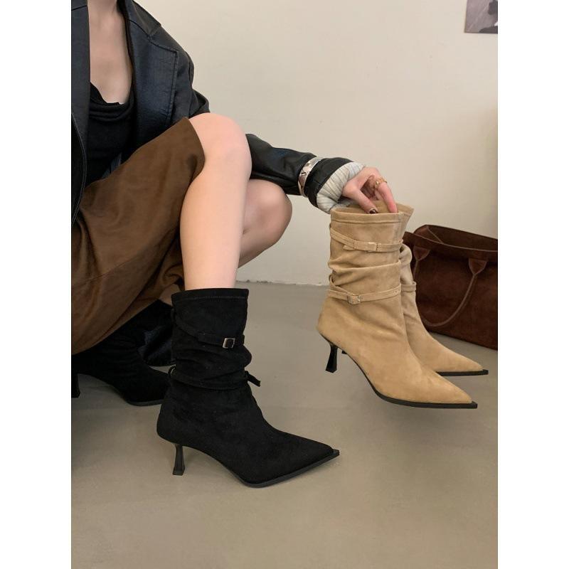 2025 autumn and winter new French retro pointed-toed stiletto short boots women's suede pleated piled boots high-heeled western boots