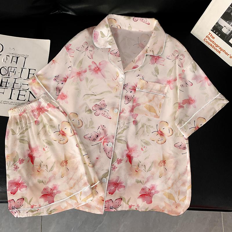 Summer Women's Pajamas Set Luxury Satin Silk Pyjamas Short Sleeve Cute Cartoon Sleepwear Casual Home Clothes Nightwear for Women