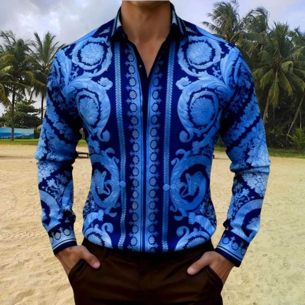 Camicia Lunga con Fantasia Barocca di Lusso, Elegante Top Moda Uomo