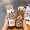 Kawaii Capybara Water Bottle Stainless Steel Vacuum Insulated Tumbler with Lid & Silicone Straw for Student 520ml