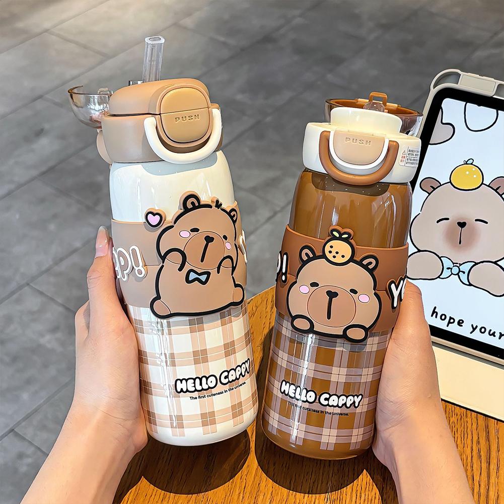 Kawaii Capybara Water Bottle Stainless Steel Vacuum Insulated Tumbler with Lid & Silicone Straw for Student 520ml