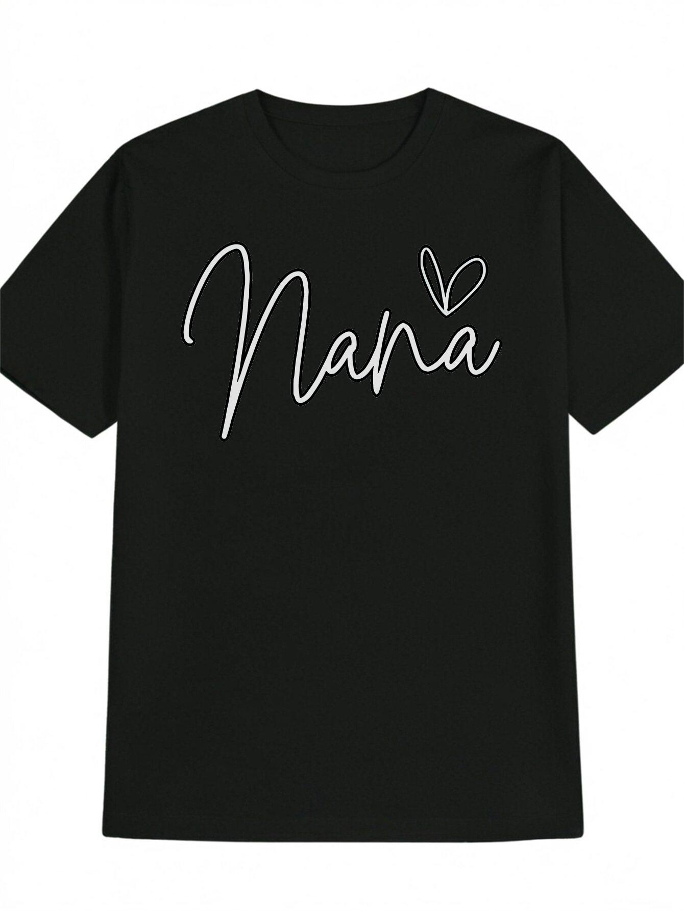 Casual Crew Neck T-shirt with Nana 3D Cursive Print & Heart Design - Soft Polyester Blend XXXXL