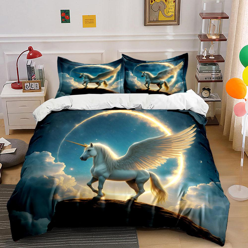 Unicorn Design Art Set Decor Bedding Set with 1 Duvet Cover 2 Pillowcases Single Double King Queen, Gift