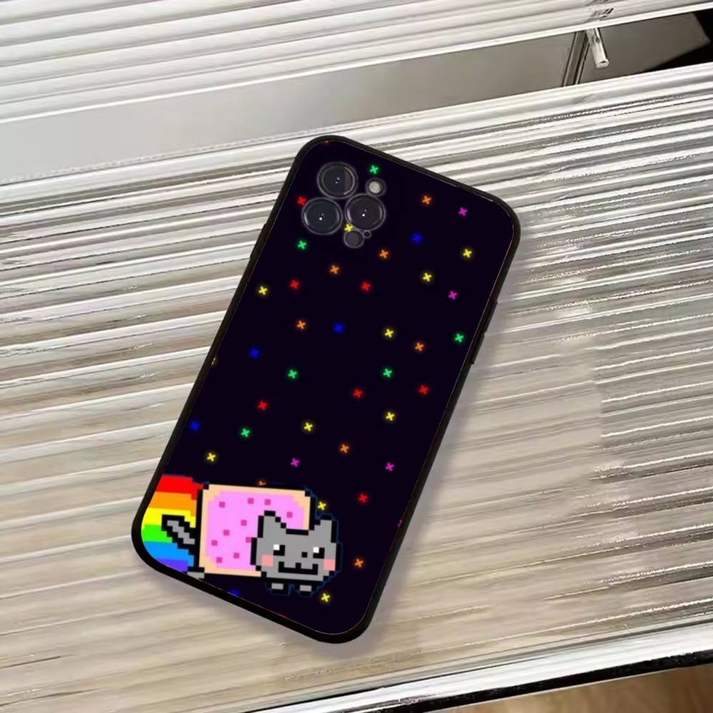Cute N-Nyan Cat Phone Case For iPhone 17,16,15,14,13,12,11 Plus,Pro Max,XS,Soft Silicone Black Cover
