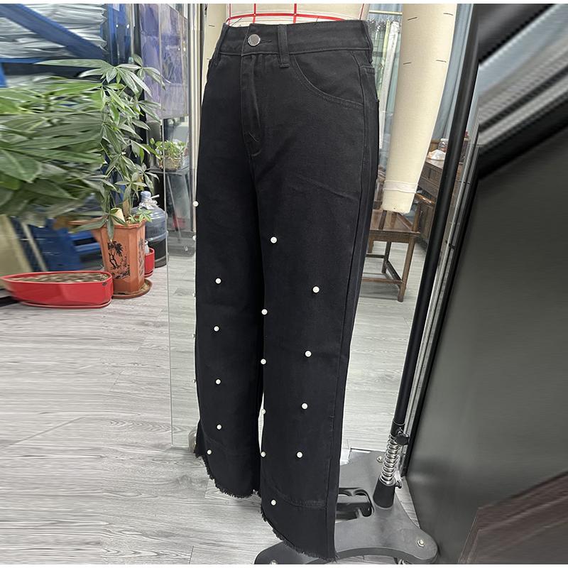 Jeans Women Pearls Wide Leg Pants High Waist Washed Distressed Tassels Spliced Pockets Vintage Denims 2025 Streetwear Trousers