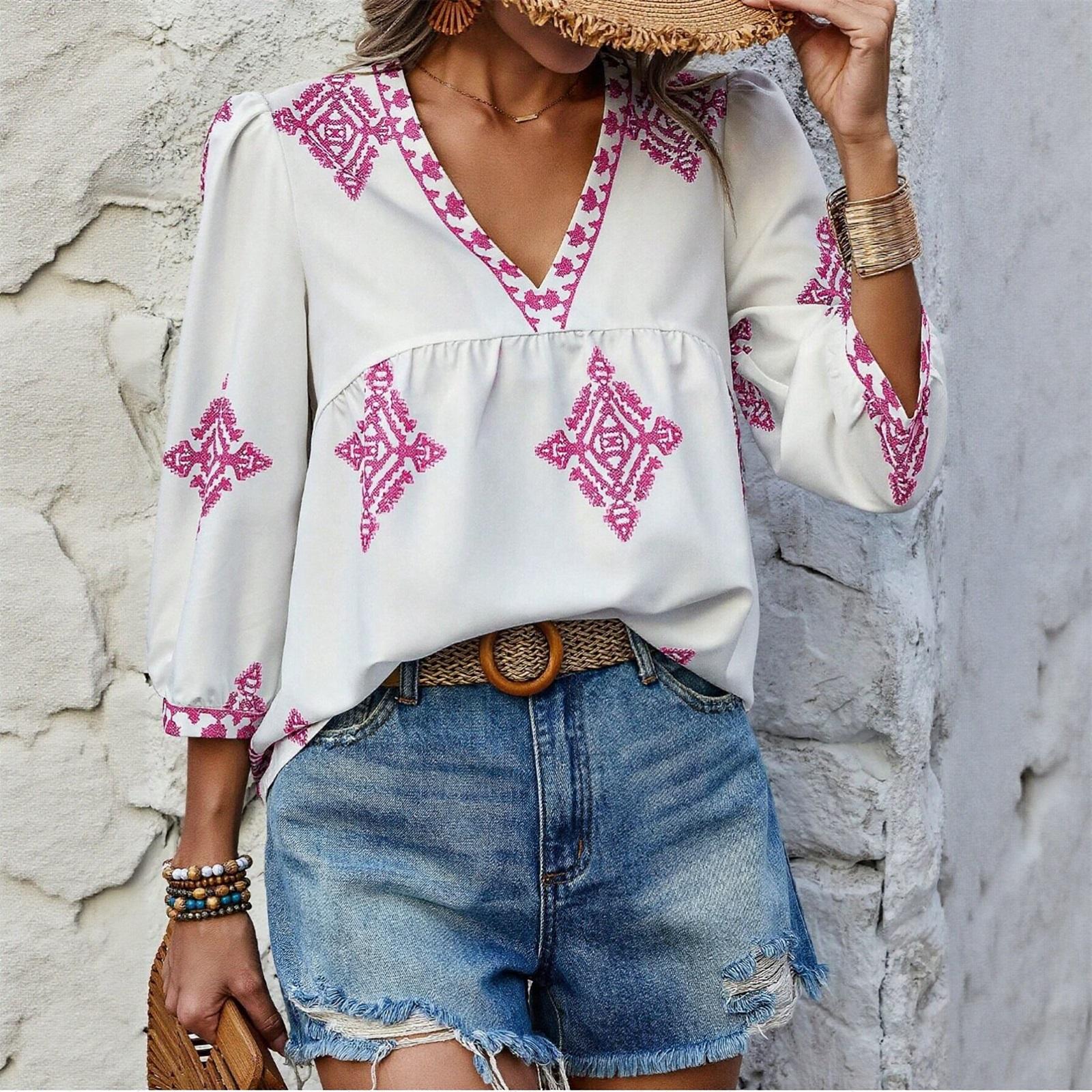 Women s Fashion V-neck Bohemian Print Cropped Sleeve Shirt Top S розовый